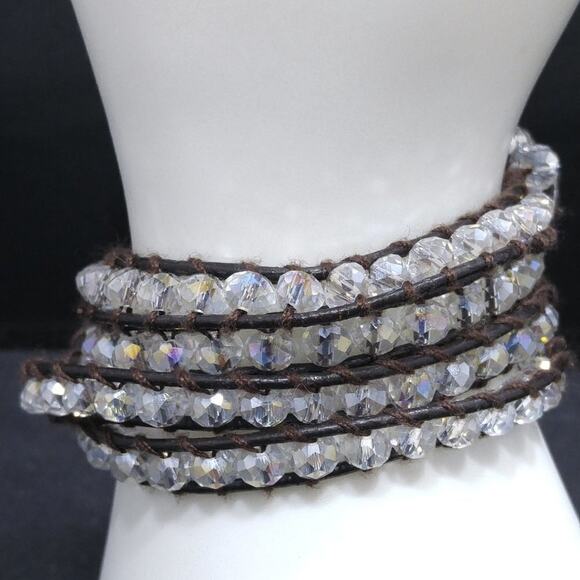 Clear Crystal Wrap Bracelet Necklace 4X Brown Leather Boho Beaded Jewelry - Picture 1 of 7